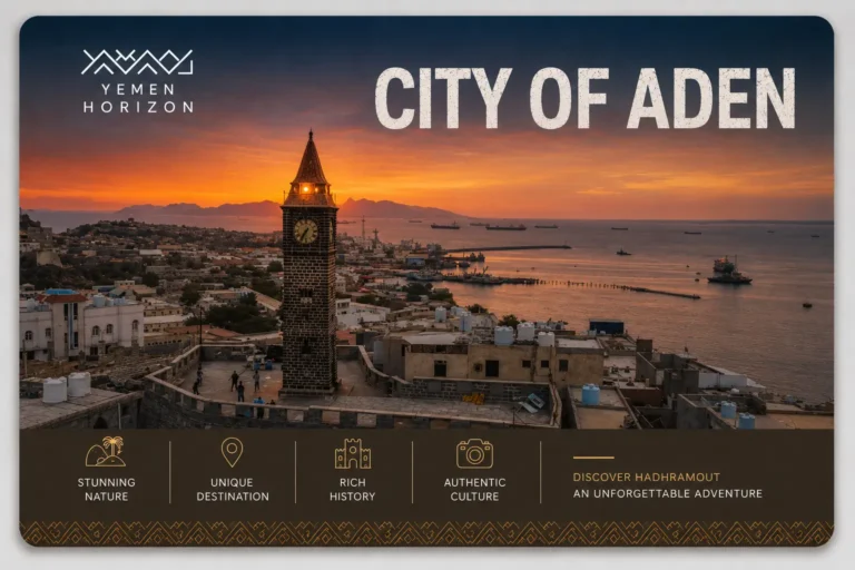 City of Aden Yemen featuring Crater District, Sira Castle, Tawila Tanks, Little Ben, Old Market, Mualla, Tawahi, Shamasa Mountain and historic landmarks.